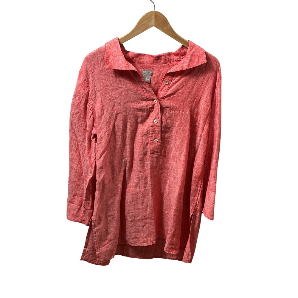 Chicos 100% Linen Tunic Top Red Orange Button Front Long Sleeve Size 2 L NEW - Picture 2 of 13